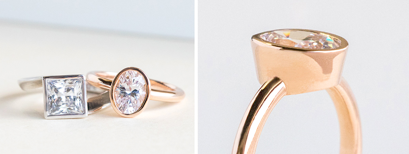 A rose gold solitaire engagement ring in a bezel setting