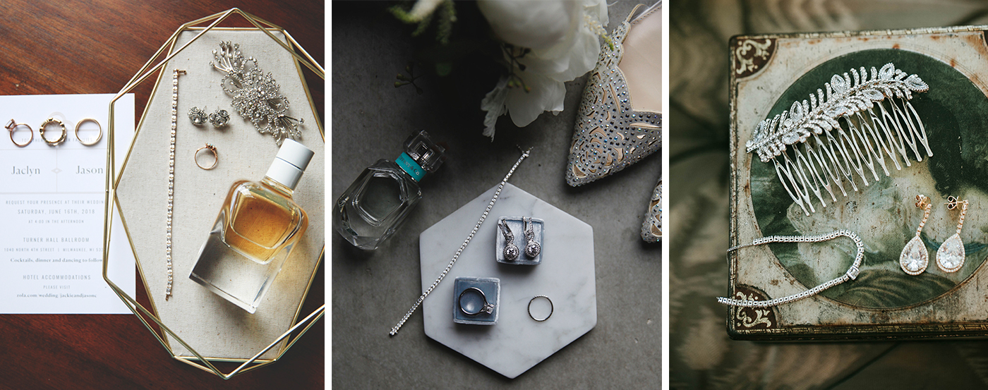 A bird's eye view of different wedding day accessories