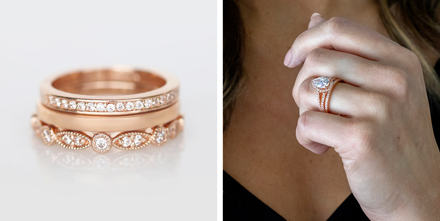 Rose gold Diamond Nexus wedding ring stack & halo engagement ring