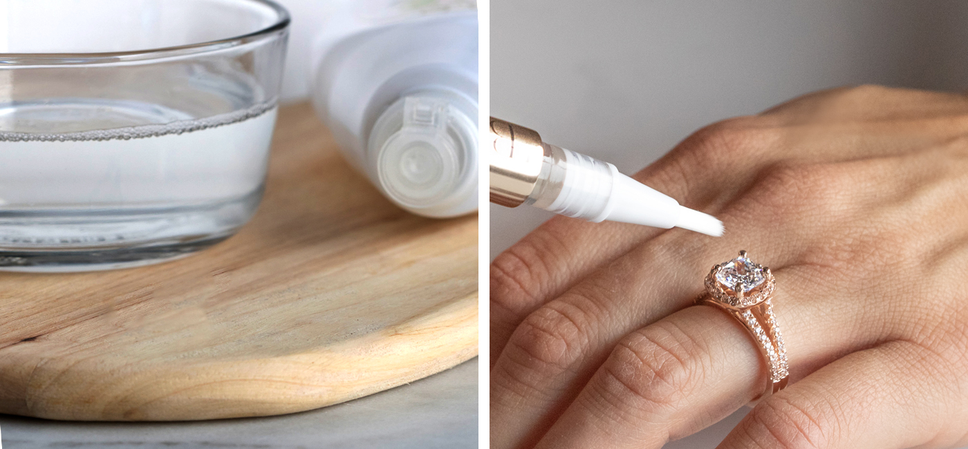 an engagement ring being cleaned with a gentle cleaning solution