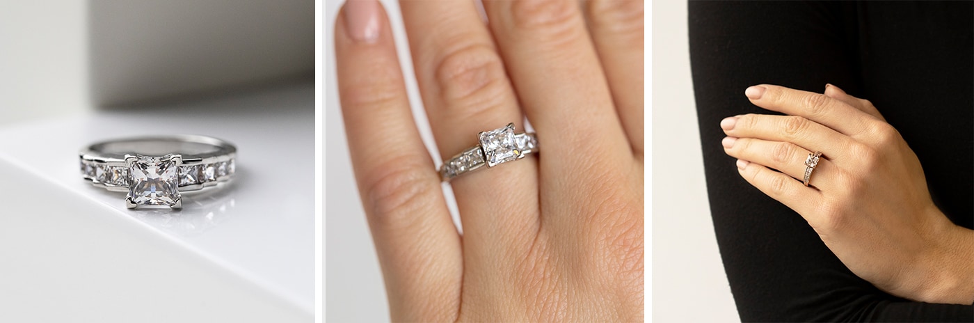 Channel-set simulated diamond engagement ring