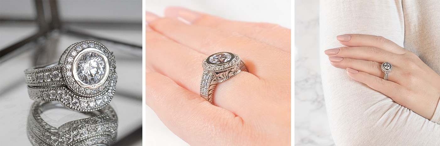 Gypsy simulated diamond engagement ring