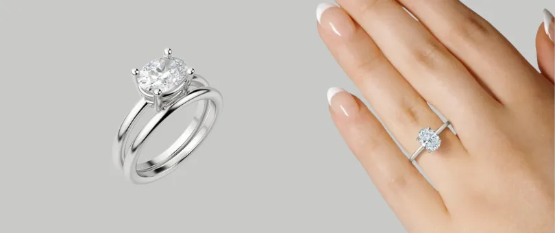 an oval engagement ring paired with a wedding band