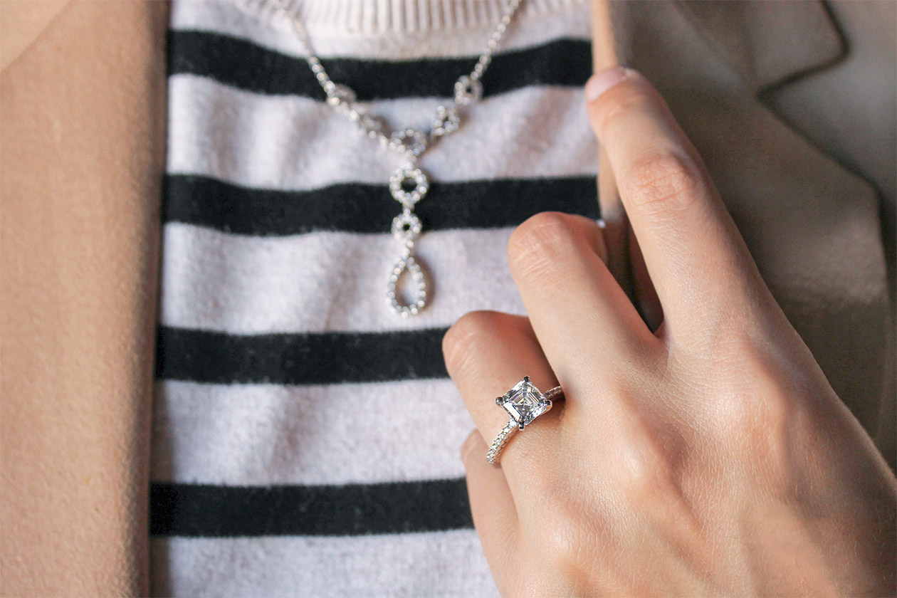 Angelix engagement ring with an Asscher cut Nexus Diamond, Inertia necklace