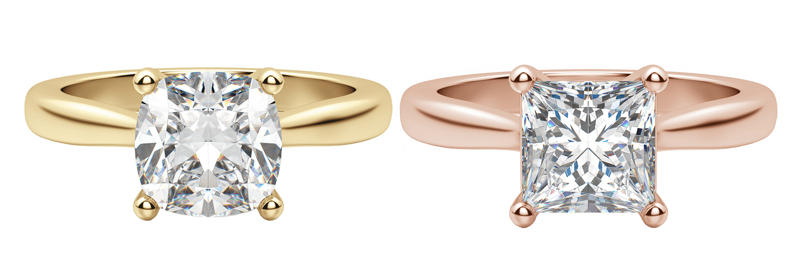 cushion vs princess cut solitaire rings