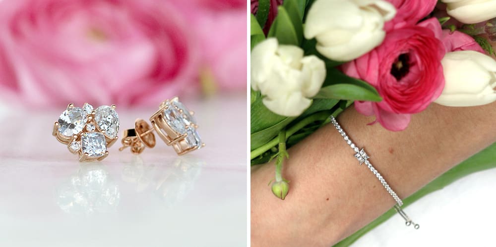 three stone studs and a bracelet against the floral background