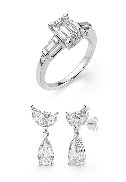 Endless Days Emerald Cut Engagement Ring and Camellia Drop Earrings